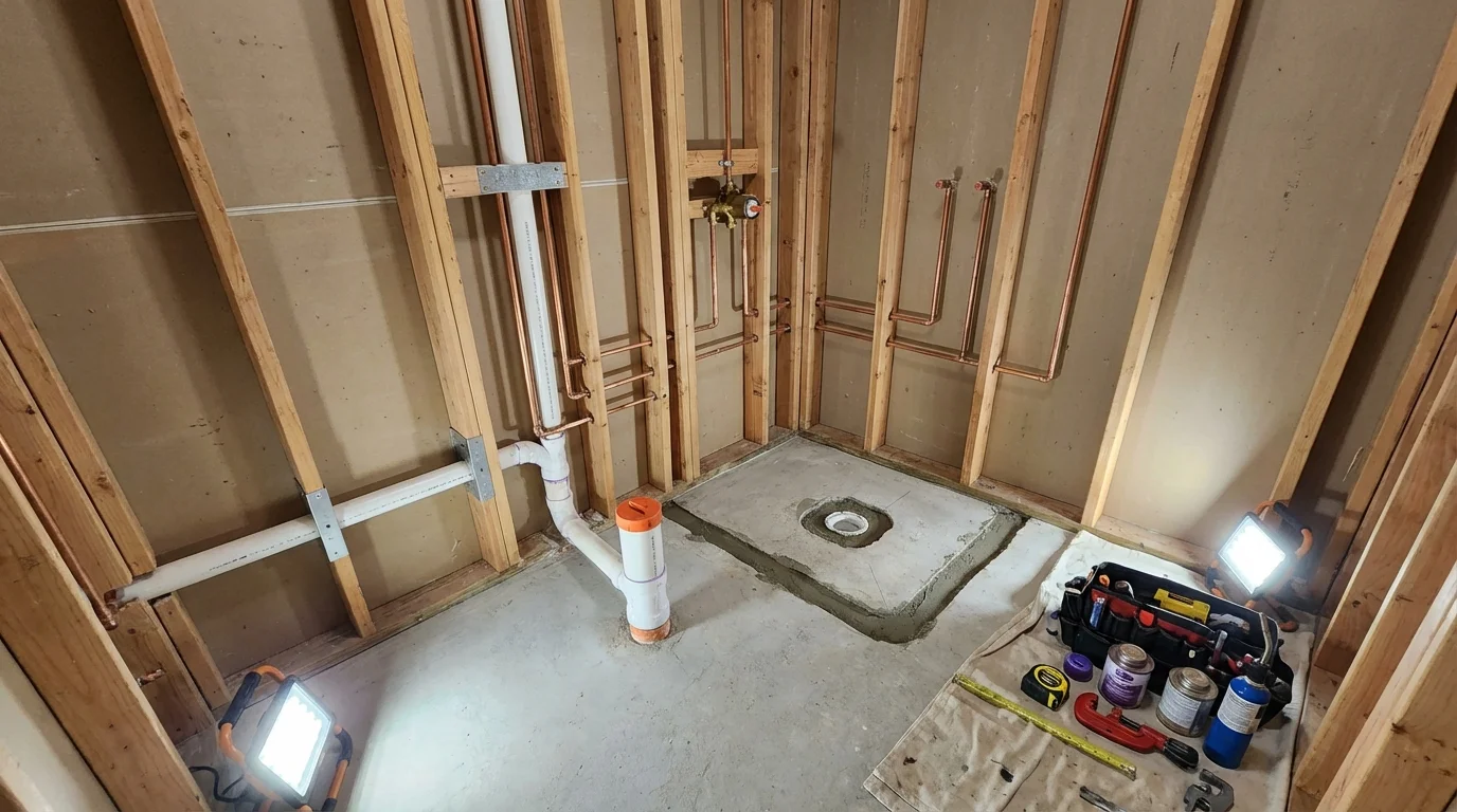 Bathroom rough-in plumbing during remodel by Johns Plumbing LLC in Lugoff