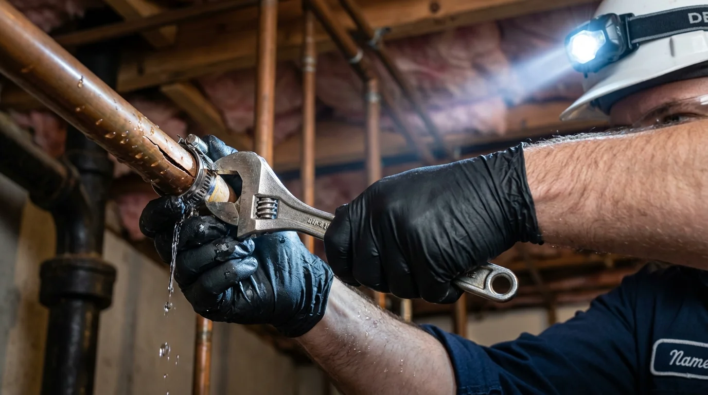 Emergency pipe clamp repair being performed by a Johns Plumbing LLC plumber in Lugoff