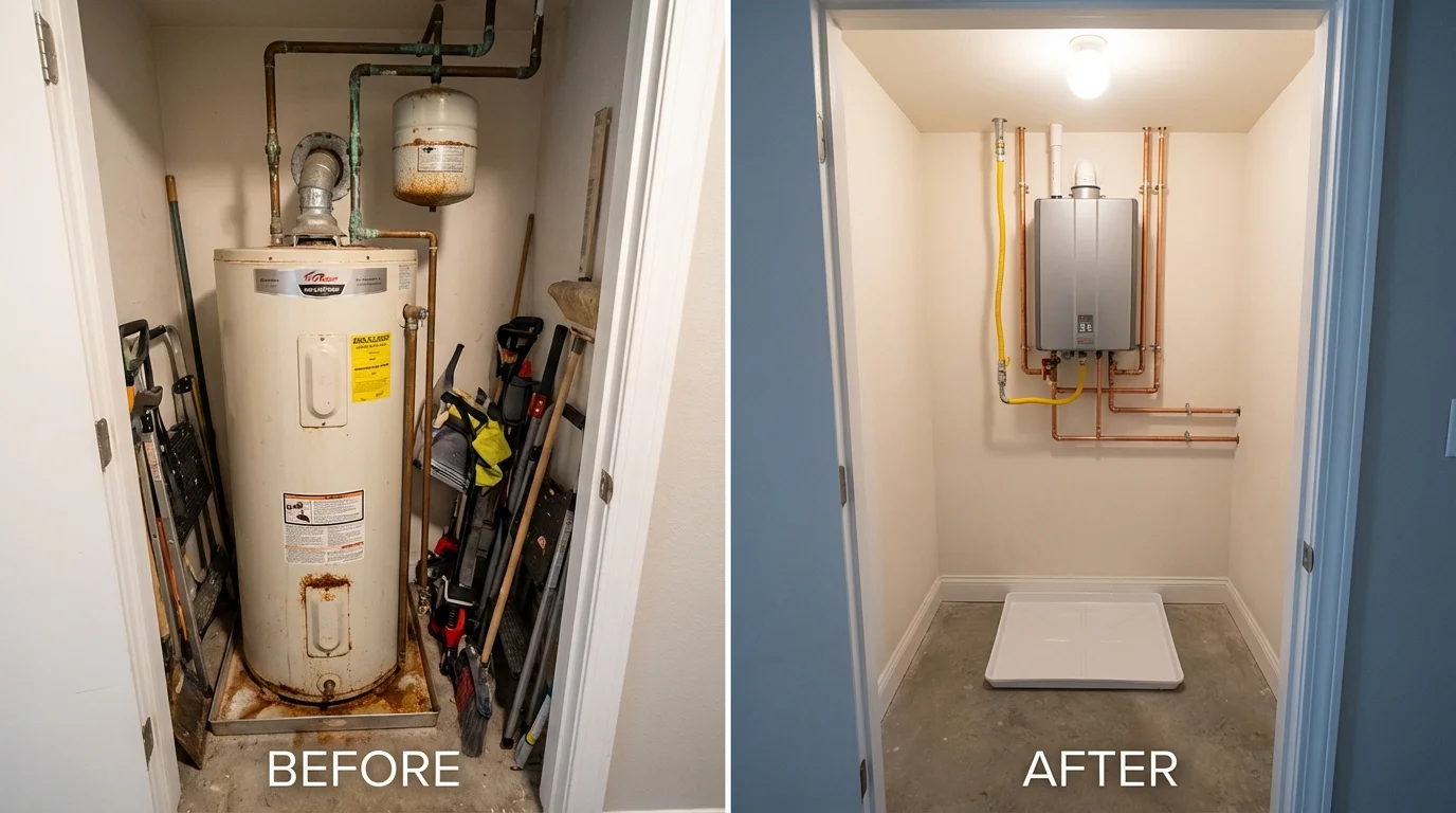 Tank water heater versus wall-mounted tankless unit comparison for Lugoff, SC homeowners