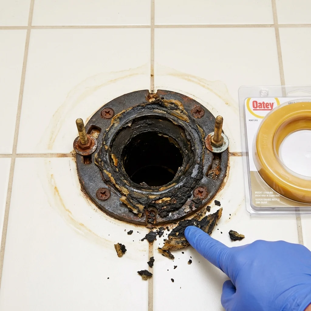 Failed wax ring showing water seepage at the base of a toilet in a Lugoff, SC home