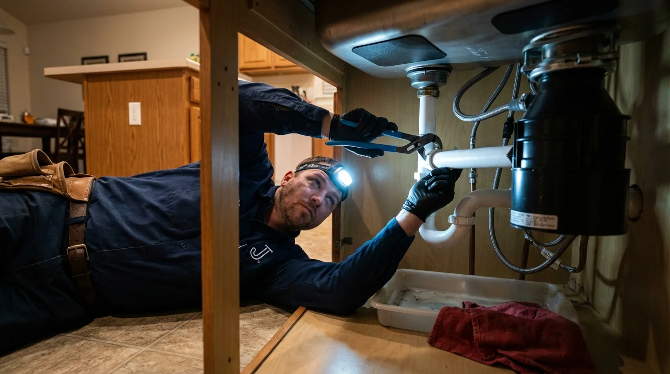 P-trap and supply line connections under a kitchen sink showing a common leak point in Lugoff, SC